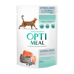 Вологий корм для котів з лососем та чорницею у желе Sterilised Adult Cat OptiMeal
