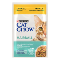 Вологий корм для котів з куркою та зеленою квасолею Hairball Control Cat Chow Purina